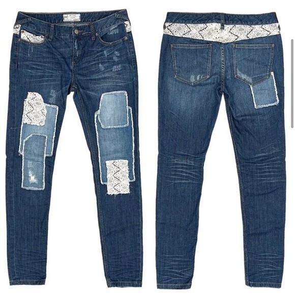 Free People Women’s Patchwork Crochet Haynes jeans size 30. EUC - Picture 1 of 12